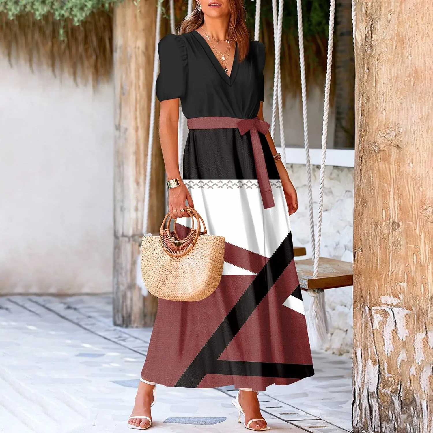 ZEFOTIM Maxi Dress for Women Beach Geometric Dress Short Sleeve V Neck Dresses with Slit