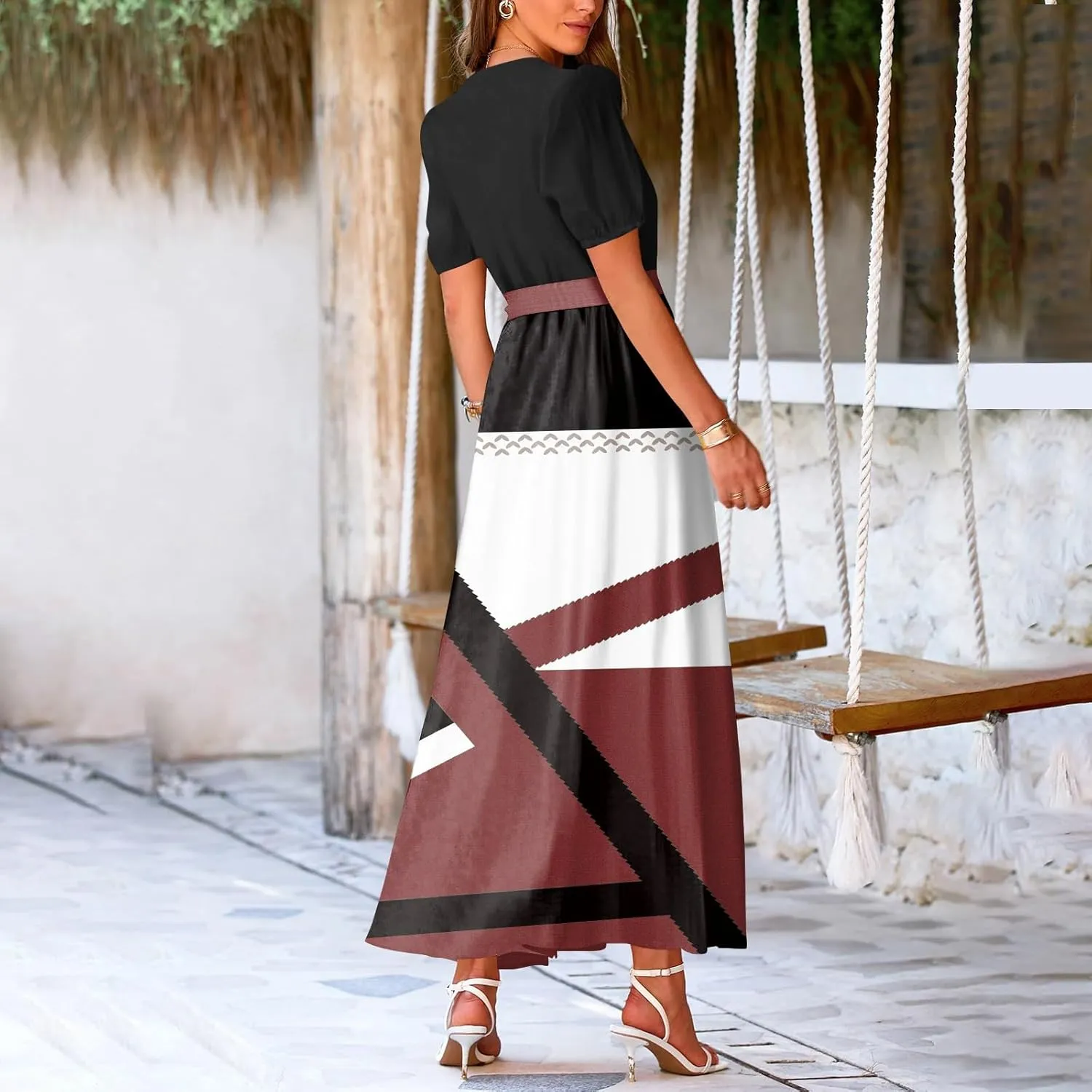 ZEFOTIM Maxi Dress for Women Beach Geometric Dress Short Sleeve V Neck Dresses with Slit