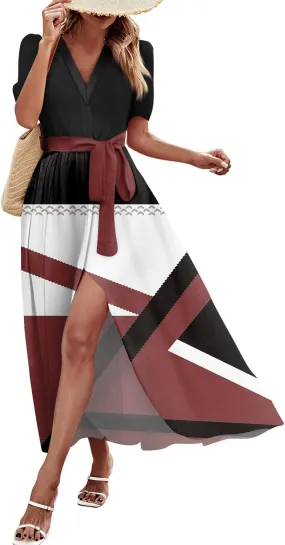ZEFOTIM Maxi Dress for Women Beach Geometric Dress Short Sleeve V Neck Dresses with Slit