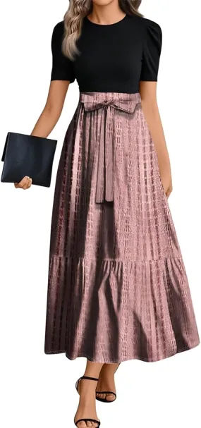 ZEFOTIM Women's Maxi Dress Flowy Geometric Dress Short Sleeve Crew Neck Dresses with Belt