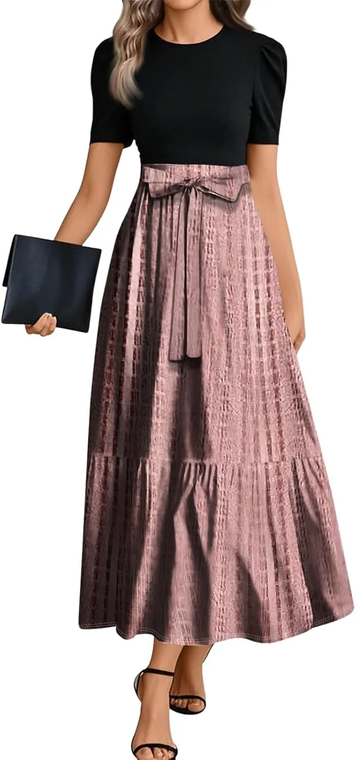ZEFOTIM Women's Maxi Dress Flowy Geometric Dress Short Sleeve Crew Neck Dresses with Belt