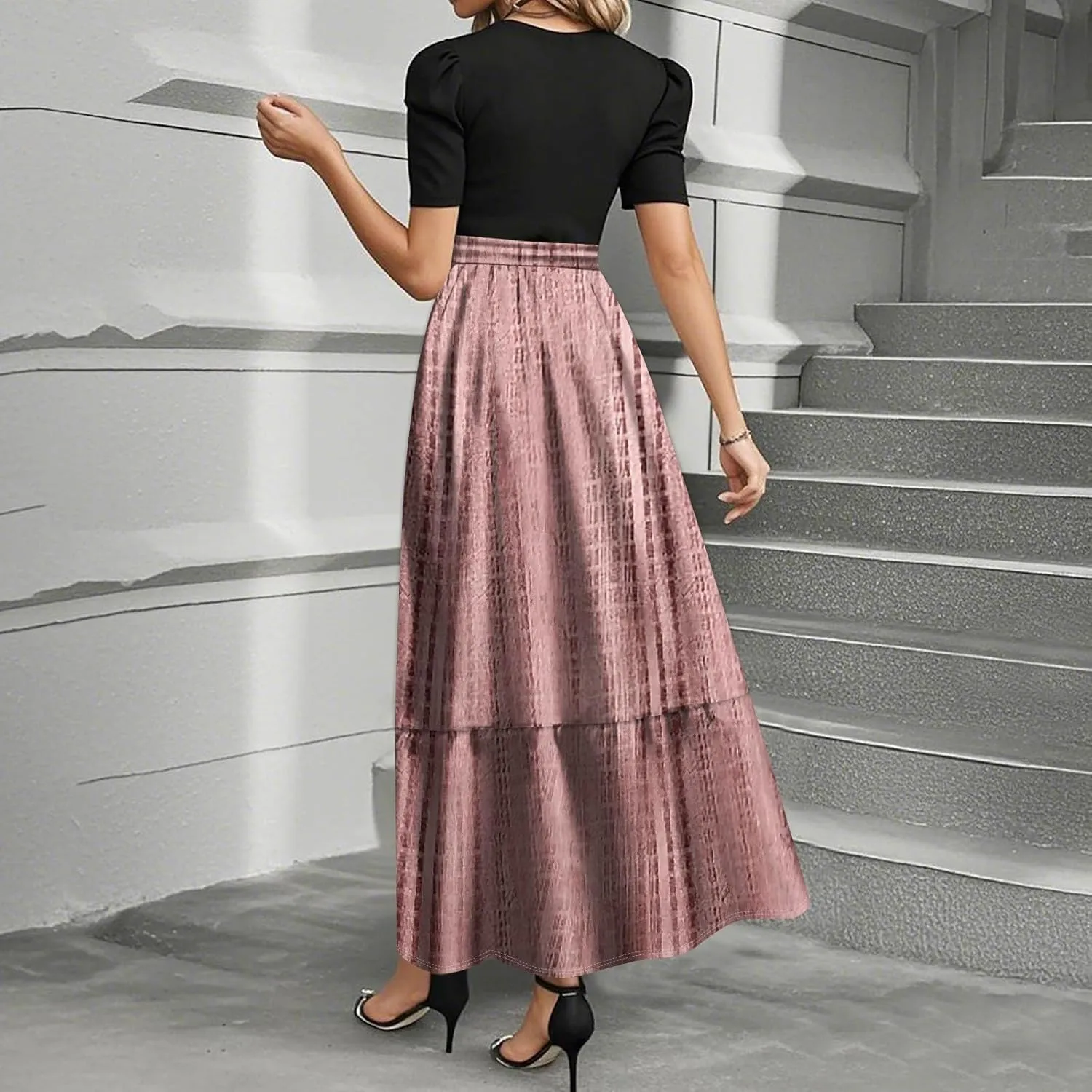 ZEFOTIM Women's Maxi Dress Flowy Geometric Dress Short Sleeve Crew Neck Dresses with Belt