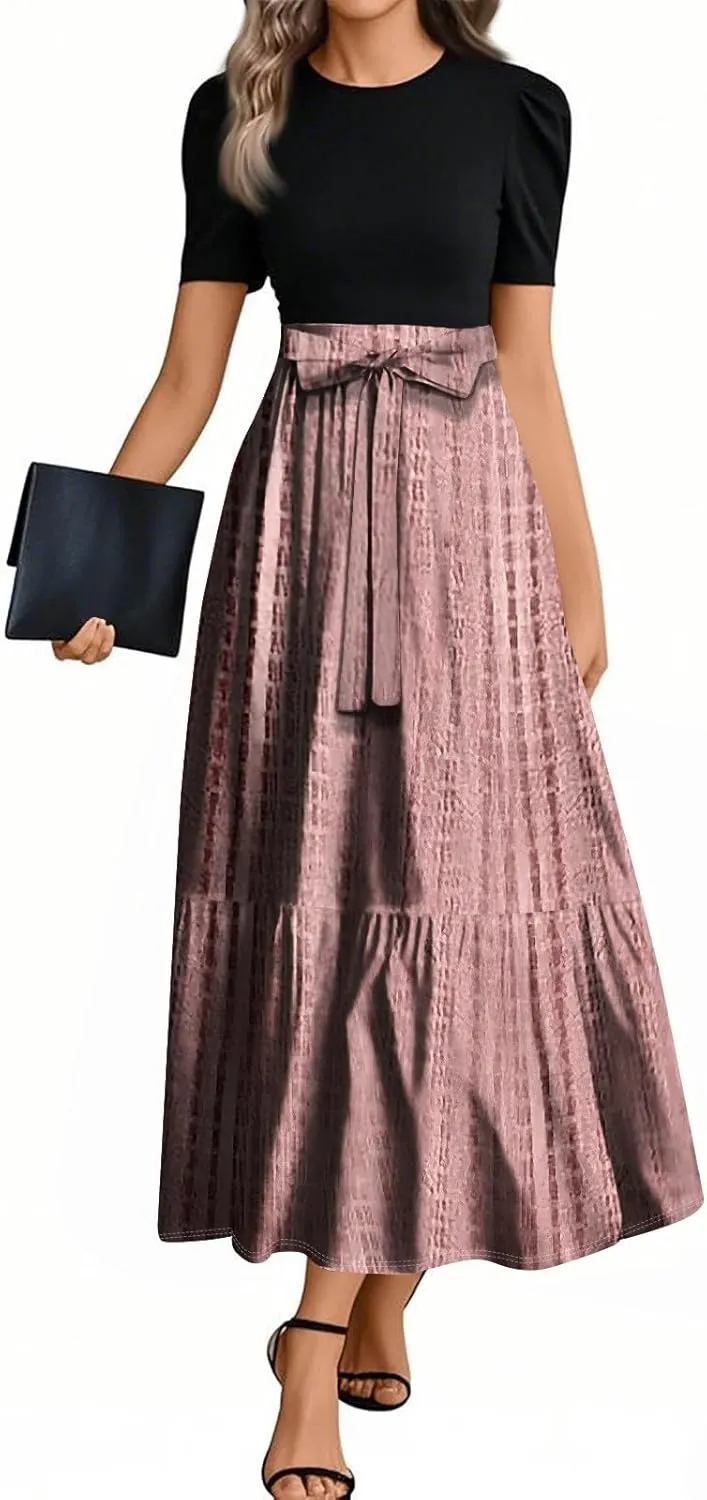 ZEFOTIM Women's Maxi Dress Flowy Geometric Dress Short Sleeve Crew Neck Dresses with Belt